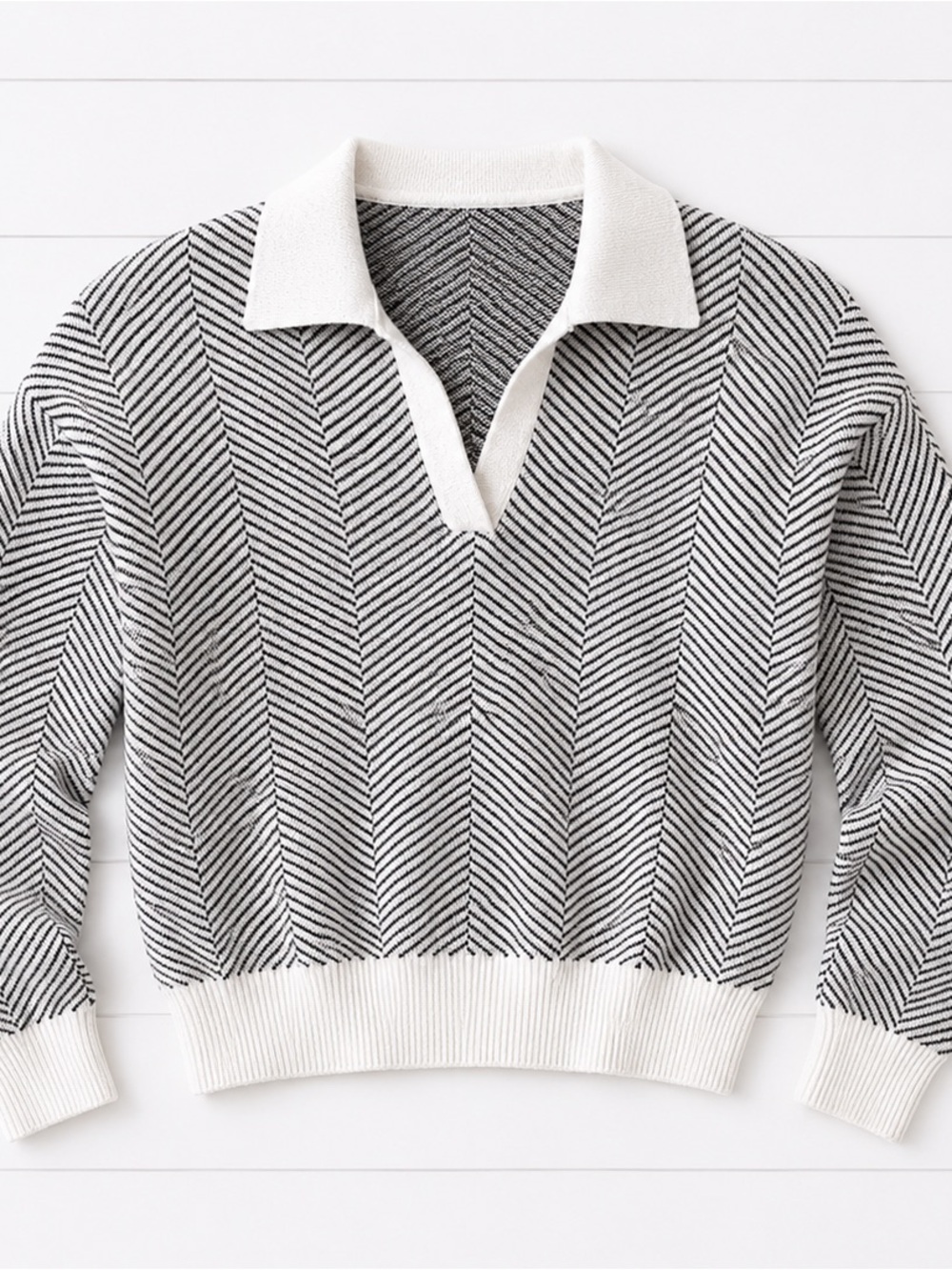 Truth Black & White Herringbone Knit Sweater Size M | Collared Pullover - Picture 3 of 5